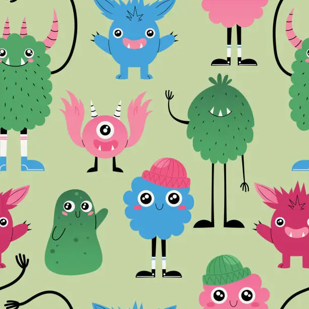 Vector illustration of Seamless pattern with cute monsters