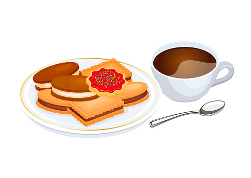 Cup of coffee and cookies on a plate icon set vector isolated on a white background. Delicious tea cakes icon. Different types of biscuits vector. Shortbread cookie drawing