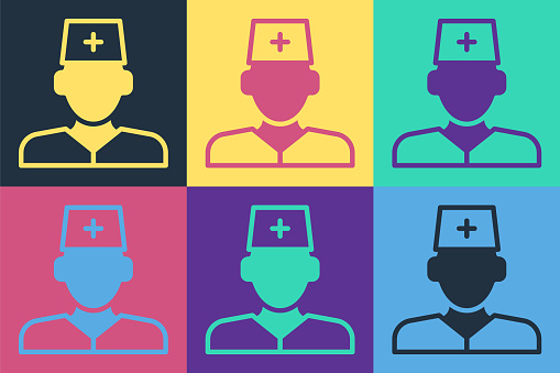 Pop art Male doctor icon isolated on color background. Vector.