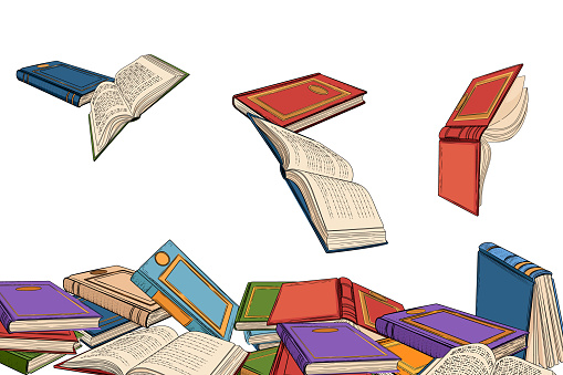 Different books falling from the top vector illustration on white background.