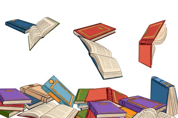 Vector illustration of Different books falling from the top vector illustration on white background