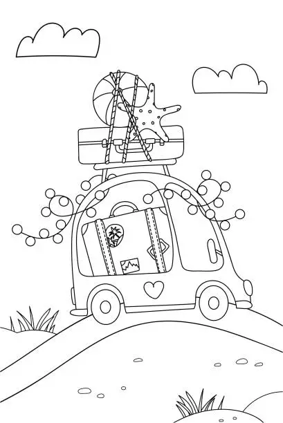 Vector illustration of Coloring Page For Kids' Creativity: Car Going To Sea