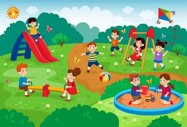 Vector illustration of Children park. Kids playground. Little people playing in garden. Swing and sandbox. Summer cute boy and girl walking in nature. Kindergarten leisure. Vector cartoon tidy illustration