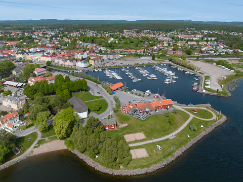 Aerial view of Åmål on the shore of lake Vänern in the Dalsland region of Sweden.