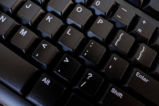 close-up black keyboard, office environment, computer peripherals, computer technologies and the IT industry, online learning, digital work routine, blogging and social media