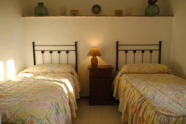 two iron beds filled with bedspread, bright light from window, old-fashioned room on sunny day, waking up happily, Start your day in inviting, cozy room filled with sunlight