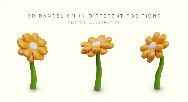 Vector illustration of Yellow flower on green stem. Cute vector object in plasticine style