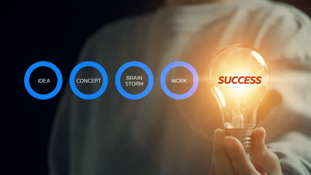 Woman is holding a shining lightbulb that explain about working process to make business successes.