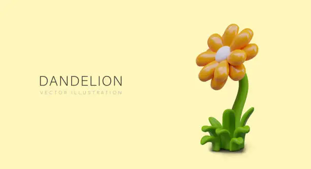 Vector illustration of 3D dandelion in plasticine style. Colored flower on yellow background