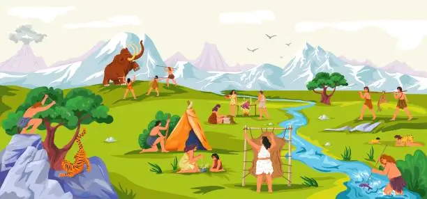 Vector illustration of Primitive tribe life. Prehistoric people scene, caveman fur animals hunting gets tool food or fire, family characters ancient clothes stone age history recent vector illustration