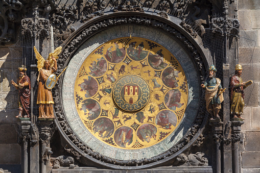 Old Town hall astronomic clock (orloj) on Old Town hall tower in Staromestke Namesti facade in Prague Czech Republic