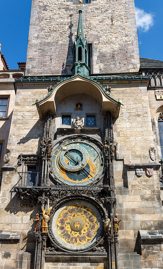 Old Town hall astronomic clock (orloj) on Old Town hall tower in Staromestke Namesti facade in Prague Czech Republic