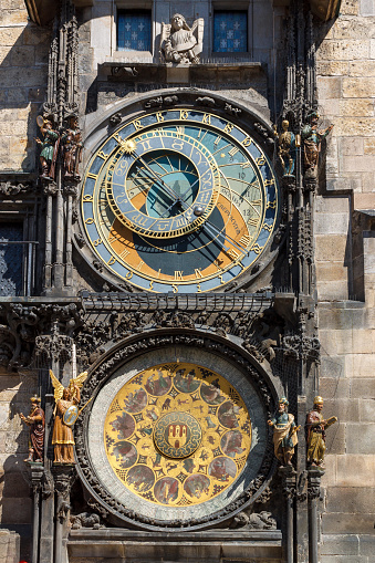 Old Town hall astronomic clock (orloj) on Old Town hall tower in Staromestke Namesti facade in Prague Czech Republic