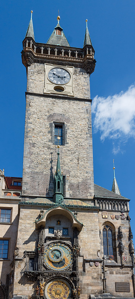 Old Town hall astronomic clock (orloj) on Old Town hall tower in Staromestke Namesti facade in Prague Czech Republic