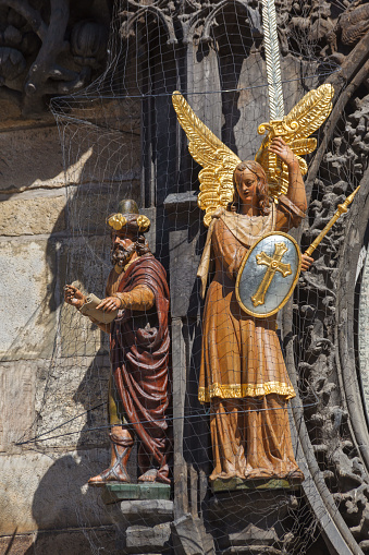 Old Town hall astronomic clock (orloj) on Old Town hall tower in Staromestke Namesti facade in Prague Czech Republic