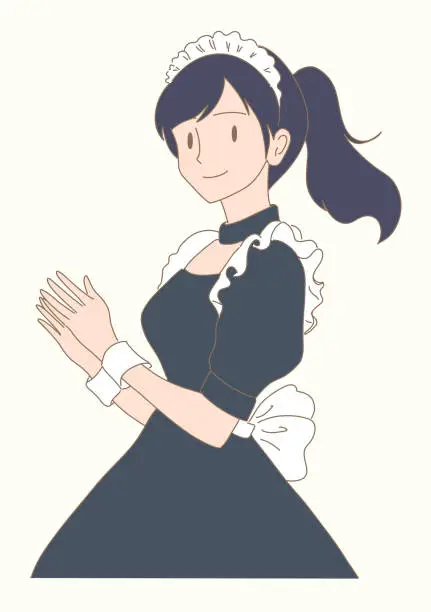 Vector illustration of Woman wearing maid costume for cosplay event, working at maid cafe, clapping and applauding hands. Hand drawn flat cartoon character vector illustration.