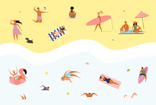 Hand drawn vector illustration with happy young people on the beach, swimming, surfing, sunbathing. Flat style design. Concept, element for summer poster, banner, background.