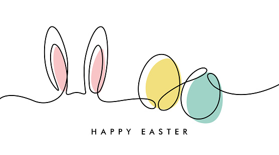 Modern easter greeting card with hand drawn bunny`s ears and easter egg in line art style, black outline vector illustration isolated on white background, template vor cards,banner,wallpaper