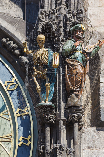 Detail of the Old Town hall astronomic clock (orloj) on Old Town hall tower in Staromestke Namesti facade in Prague Czech Republic, the skeleton hanging a bell that he plays by the hour.