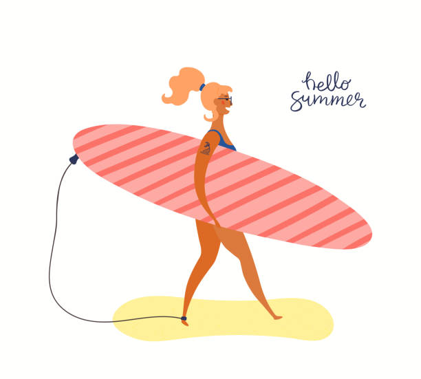 illustrazioni stock, clip art, cartoni animati e icone di tendenza di woman on the beach illustration - one person white background swimwear surfboard