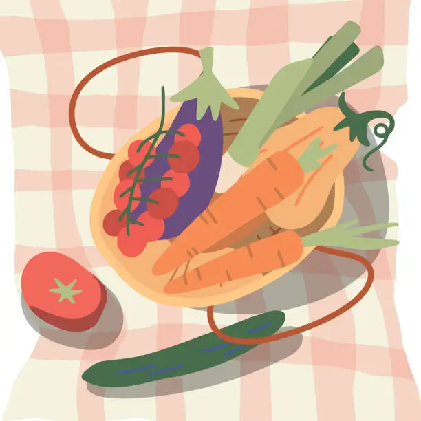 Vector illustration of Many vegetables in the basket