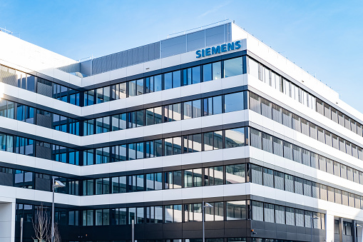 modern high-tech Siemens office, German conglomerate operating of electrical engineering, electronics, energy equipment, transportation and communications in Frankfurt, Germany - February 29, 2024