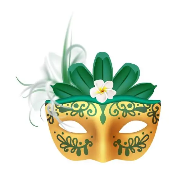 Vector illustration of Carnival mask. Golden masquerade costume elements with tropical leaves and flowers. Summer exotic festive celebration clothing, Venetian parade 3d element, vector realistic illustration