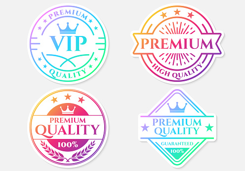 Premium quality sticker, logo or badge with gradient colors. Best quality icon or label with crown and stars. Vector illustration.