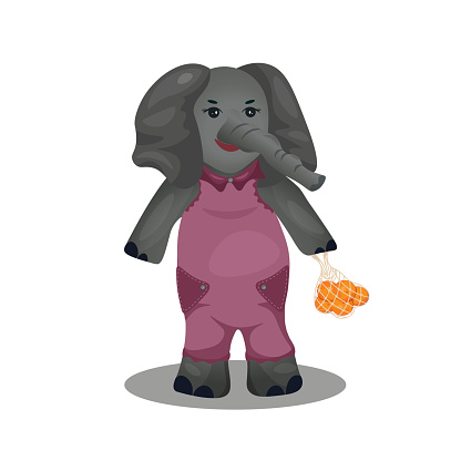 An elephant comes from the market with a string bag of oranges. Character design. City animal life. Vector illustration in cartoon style.