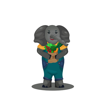 The elephant is walking with a bag of groceries from the store. Character design. Animals in the city. Eco-friendly lifestyle. Vector illustration in cartoon style