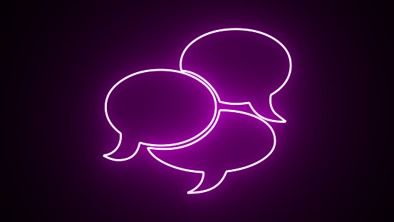 Glowing purple neon SMS icon on a black background. Received message concept. A new email is incoming. SMS neon signs appear in the center and disappear after some time. Color Neon Icon