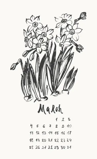 Vector illustration of March month calendar page with hand drawn ink daffodil narcissus flowers asian style