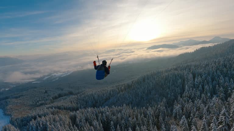 Paragliding flying above snowy forest mountains at sunrise in winter wonderland nature, freedom flight adrenaline