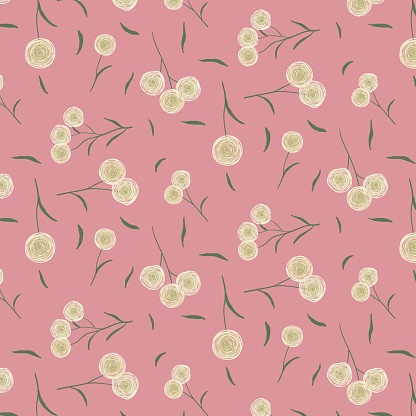 Seamless ditsy design of wispy hand drawn flowers and leaves on pink background. Feminine retro floral pattern print for textiles and decoration.