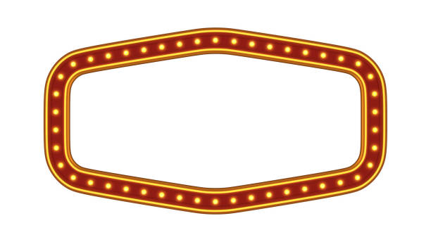 Bollywood Indian Cinema written retro billboard with glowing light bulbs on red curtain background with shadow. Horizontal composition. 3D rendering.