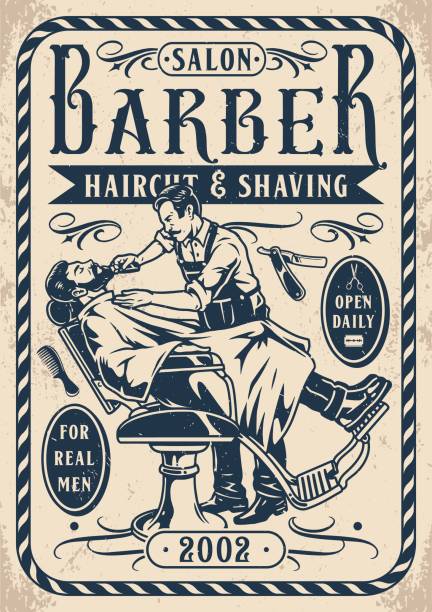 Barber salon vintage sticker monochrome with brutal man undergoing beard trimming procedure near professional hairdresser vector illustration