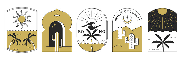 Boho logo with cactus, desert, palm tree, mountain landscapes, moon, sun. Vector bohemian emblems or arch borders set in trendy style. Modern minimal linear badges or frames with summer line elements.