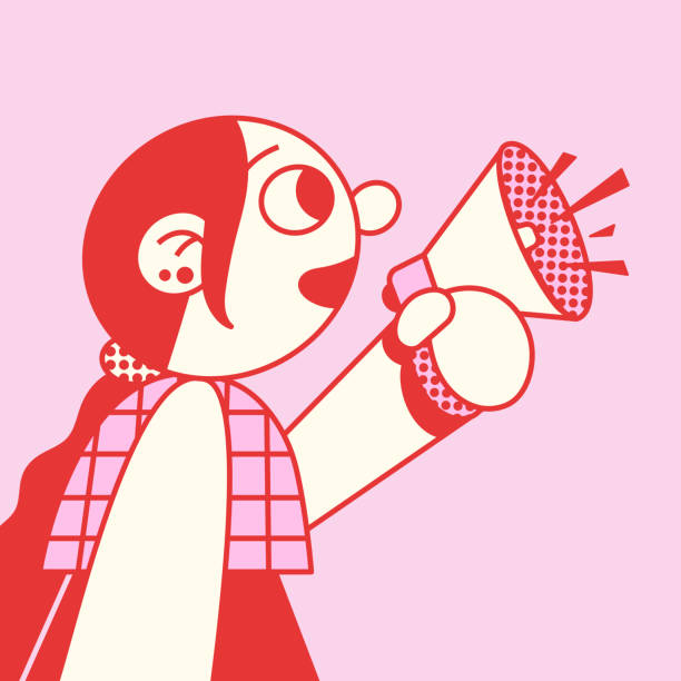 Cartoon girl speaks loud using megaphone. Cartoon girl speaks loud using megaphone. Red and pink colors. unstoppable women stock illustrations