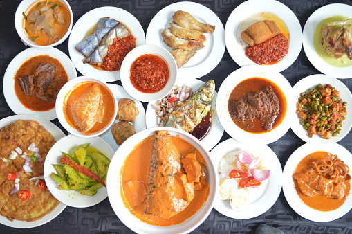 popular yummy indonesia spicy malay halal food menu curry chicken, rendang beef, asap fish, fried vegetable, begedil potato, chilli sambal achar, egg cuisine for restaurant dining