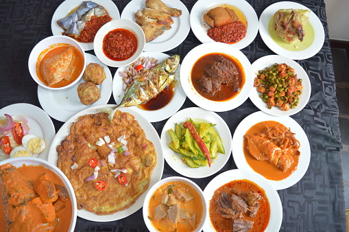 popular yummy indonesia spicy malay halal food menu curry chicken, rendang beef, asap fish, fried vegetable, begedil potato, chilli sambal achar, egg cuisine for restaurant dining