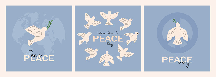 Dove of peace. International Day of Peace banner, card, poster, flyer. Peace and love, freedom, no war concept. Pacifism symbols. Vector illustration