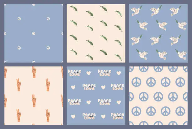 Vector illustration of Seamless pattern set with Peace and love symbols, dove, olive. International Day of Peace. Freedom, No war concept. Pacifism and Hippie sign. Vector illustration in flat hand drawn style