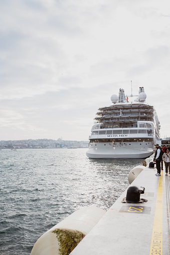 Istanbul Turkey. 13. December 2023 view from Galata port mall, Luxury Cruise Ship Silver Moon