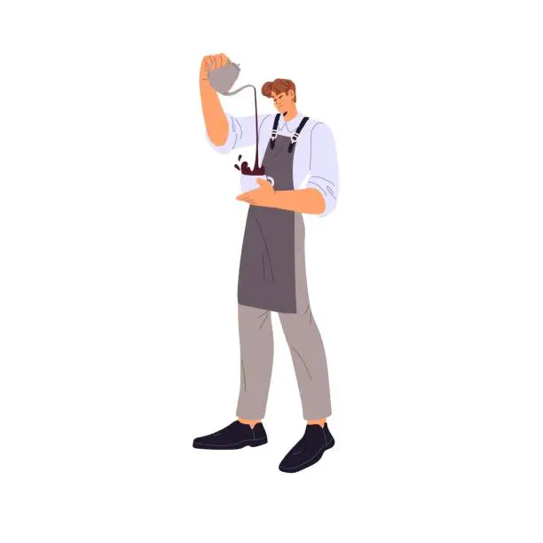 Vector illustration of Professional barista makes coffee. Coffeeshop worker prepare beverage. Young man in apron pours hot drink from kettle, pot into cup. Guy work in coffeehouse. Flat isolated vector illustration no white