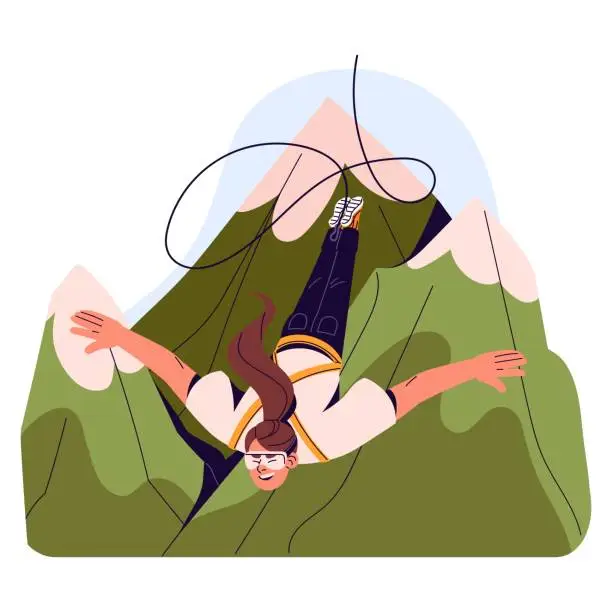 Vector illustration of Bungee or rope jumping from top of rock. Excited girl falling upside down with elastic cord from height. Extreme activity in mountains in summer. Flat isolated vector illustration on white background