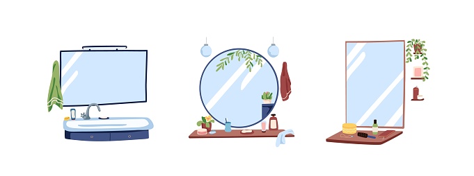 Sinks with rectangle and round mirrors set. Toiletry on washbasin, faucet, tap in modern toilet room, reflection glass in home bathroom. Sanitary furniture. Flat isolated vector illustrations on white.