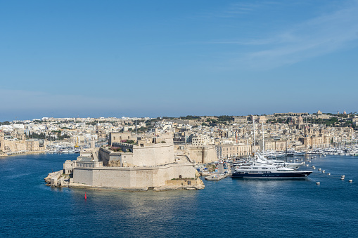 Birgu (Vittoriosa), Malta - June 1st 2020: Fort Saint Angelo at the tip of the Birgu in between French Creek and Dockyard Creek.