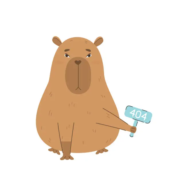 Vector illustration of Funny capybara holds sign error 404 message. Empty state ui design. Page not found popup cartoon image. Vector flat illustration concept on white background