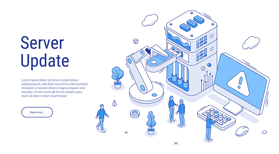 Isometric server update in electric blue outline. Programmers upgrading operating system. IT specialists updating software, programs and applications. Technical error and service