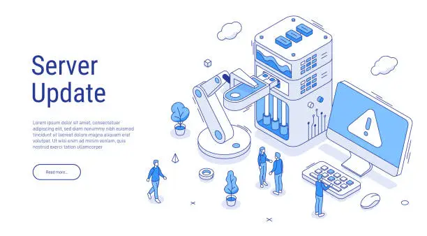 Vector illustration of Isometric server update in electric blue outline. Programmers upgrading operating system. IT specialists updating software, programs and applications. Technical error and service.